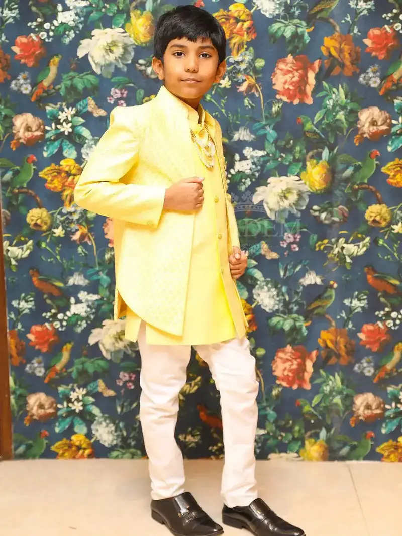 Yellow Jacquard Sherwani And Pant Set 1