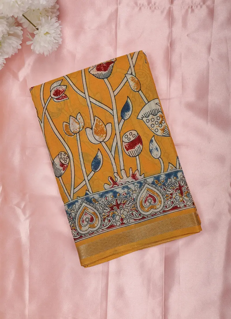 Yellow Kalamkari Printed Design Mixed Silk Cotton Fancy Saree 1