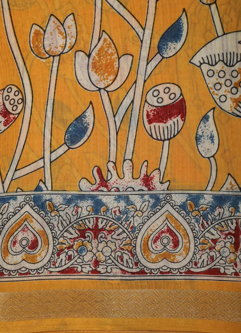 Yellow Kalamkari Printed Design Mixed Silk Cotton Fancy Saree 2