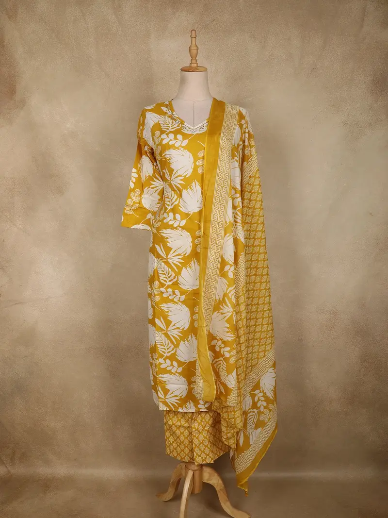 Yellow Leaf Printed Design Cotton Straight Cut Salwar Suit With Dupatta 1