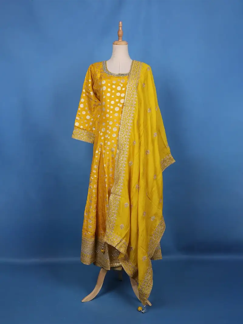 Yellow Mirror Embroidery Printed Georgette Salwar Suit 1