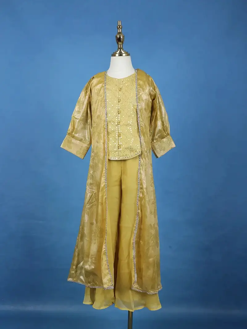 Yellow Mirror Work Kids Palazzo Suit With Jacquard Long Jacket 1