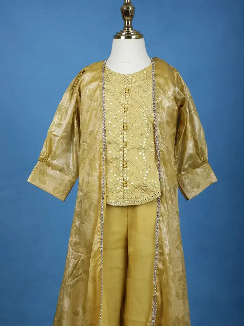 Yellow Mirror Work Kids Palazzo Suit With Jacquard Long Jacket 2