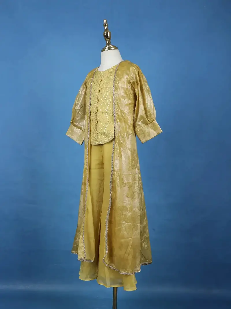 Yellow Mirror Work Kids Palazzo Suit With Jacquard Long Jacket 3