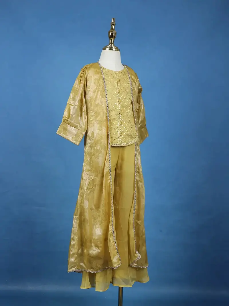 Yellow Mirror Work Kids Palazzo Suit With Jacquard Long Jacket 4