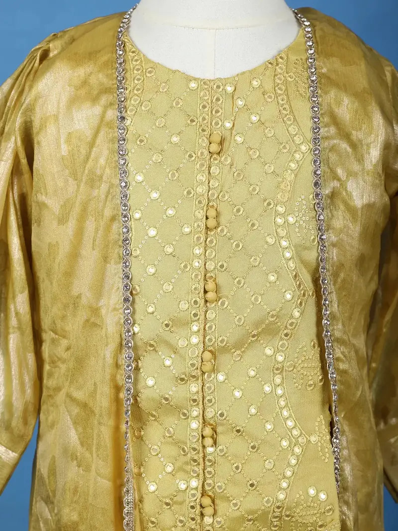 Yellow Mirror Work Kids Palazzo Suit With Jacquard Long Jacket 5