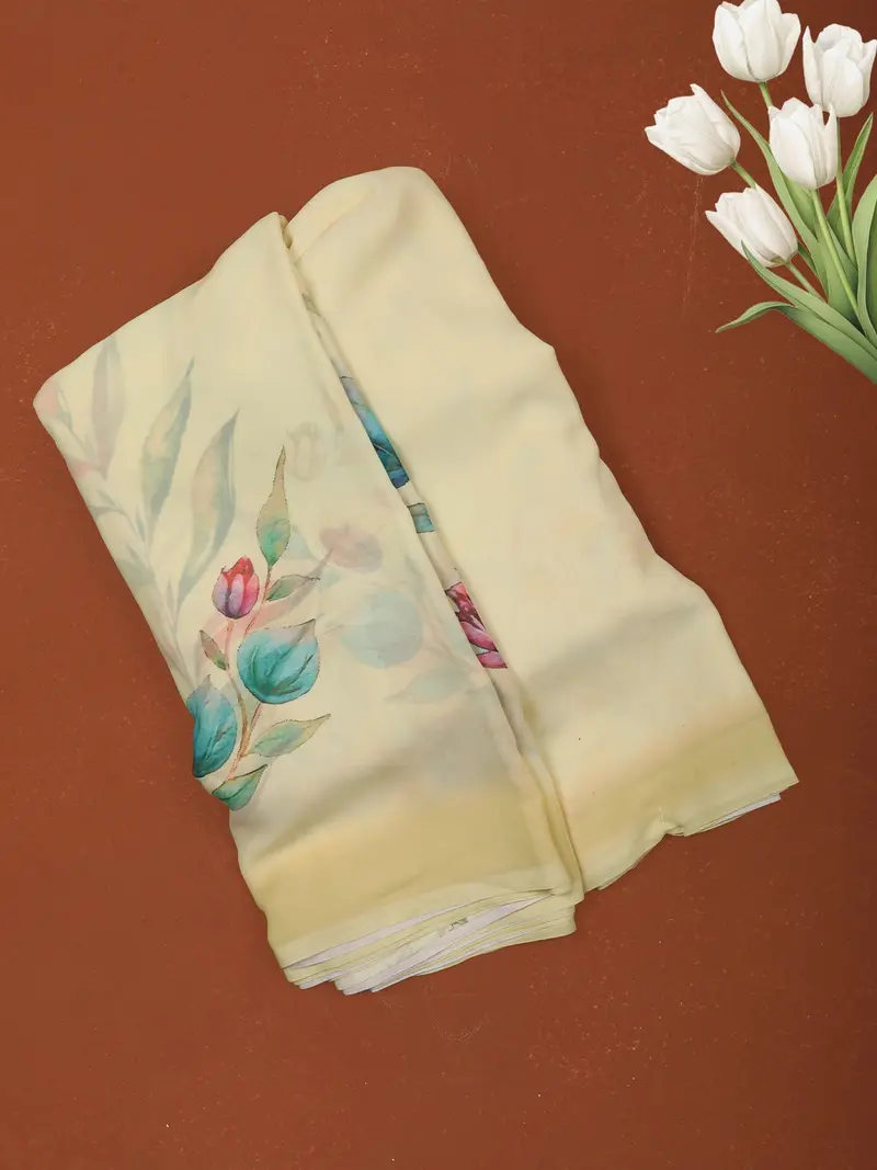Yellow Multicolor Floral Printed Chiffon Saree With Ombre Border 1