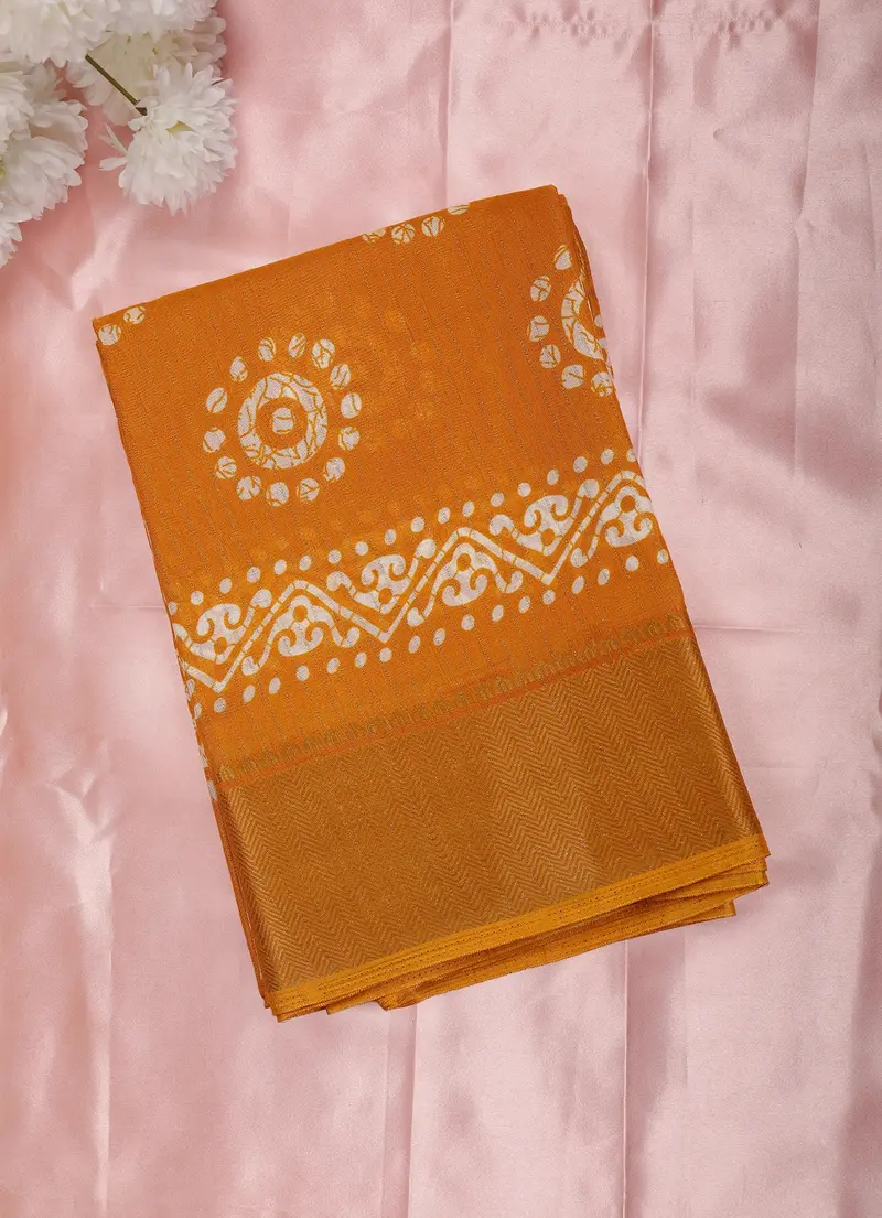 Yellow Ochre Printed Design Mixed Silk Cotton Saree 1