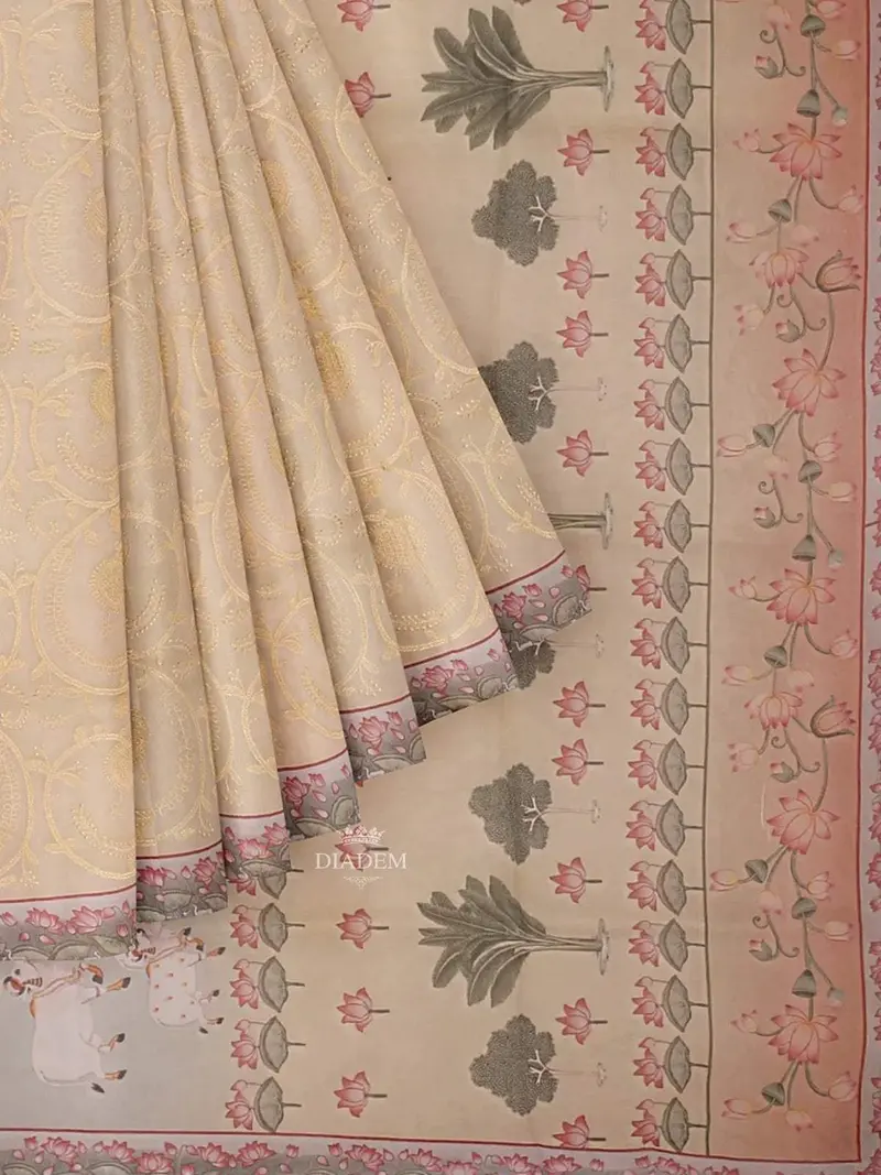 Yellow Organza Silk Saree With Floral Prints On The Body And Printed Border 1