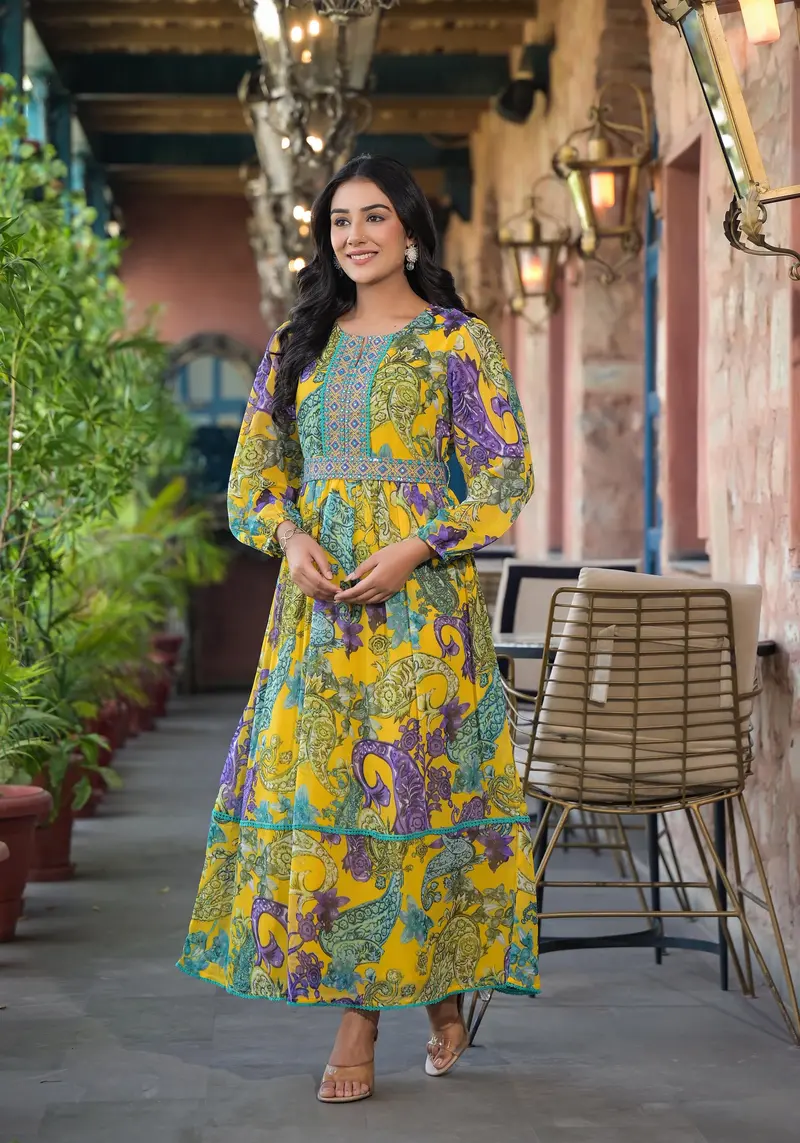 Yellow Paisley And Floral Printed Georgette Maxi Dress 1