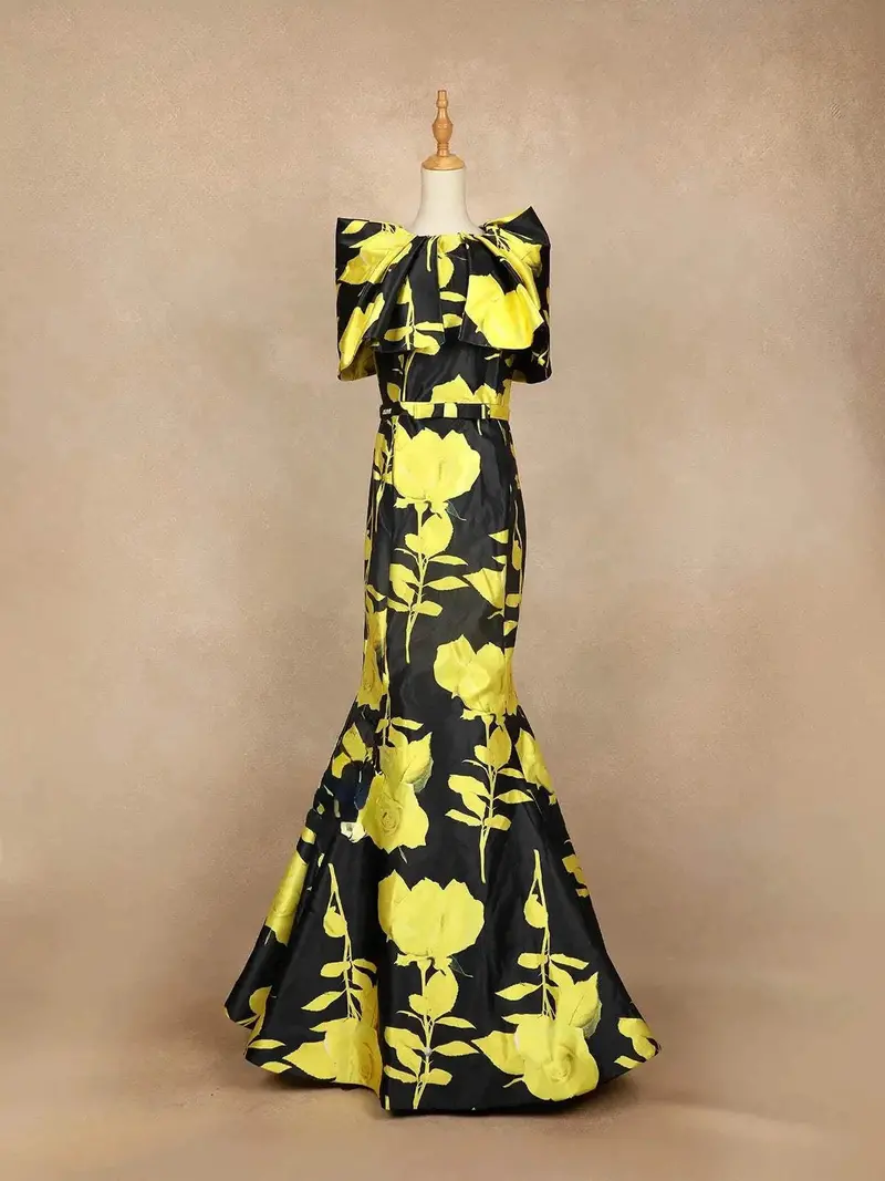 Yellow Partywear With Floral Prints, Waist Belt And Without Dupatta Gown 1