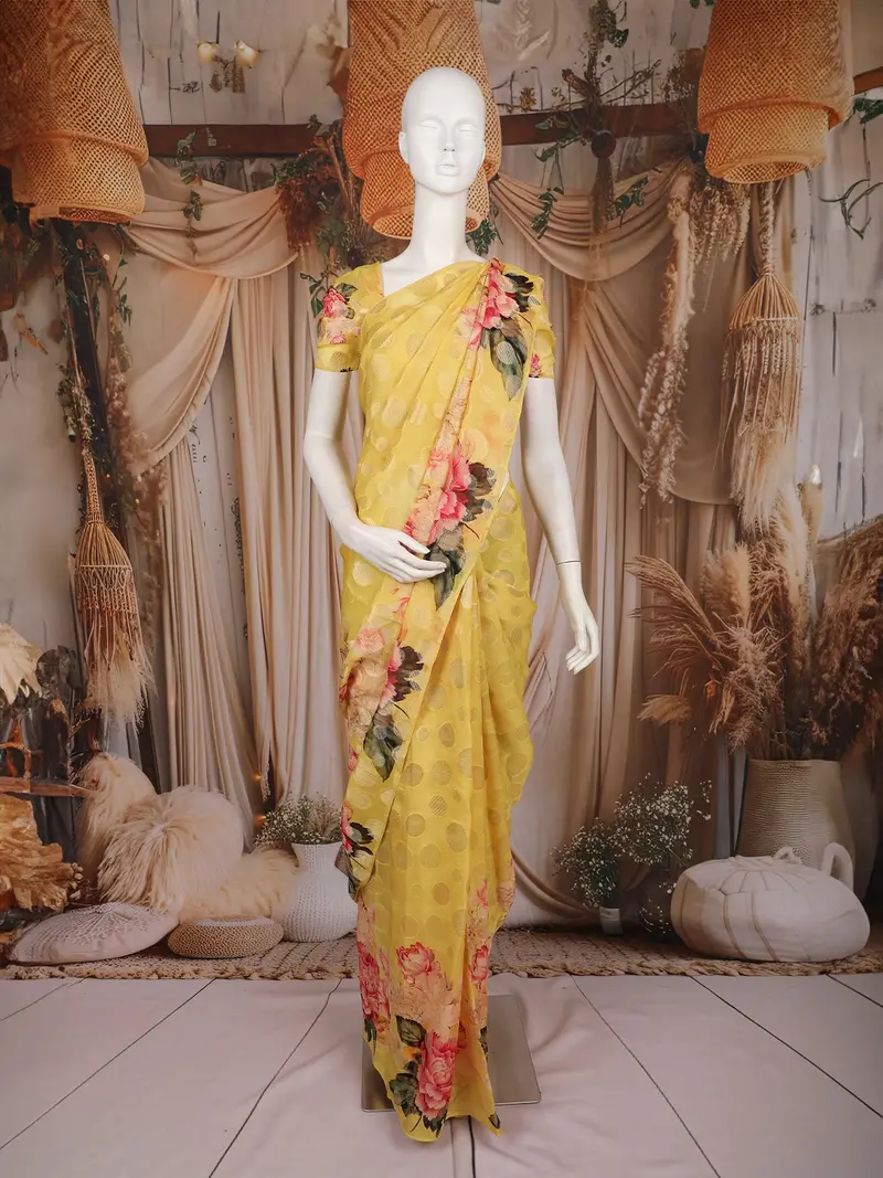 Yellow Polka Woven Design Organza Saree With Floral Printed Border 1