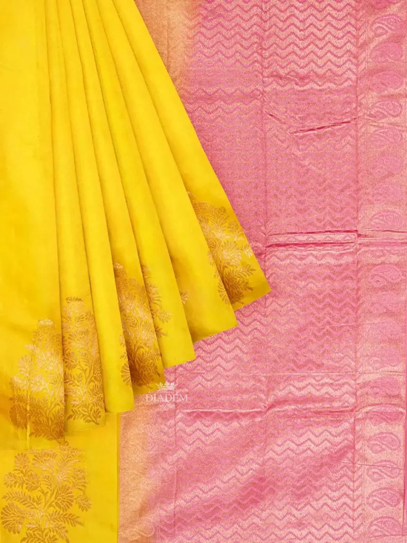 Yellow Pure Kanchi Pattu Saree With Tree Motif On The Body And Without Border 1