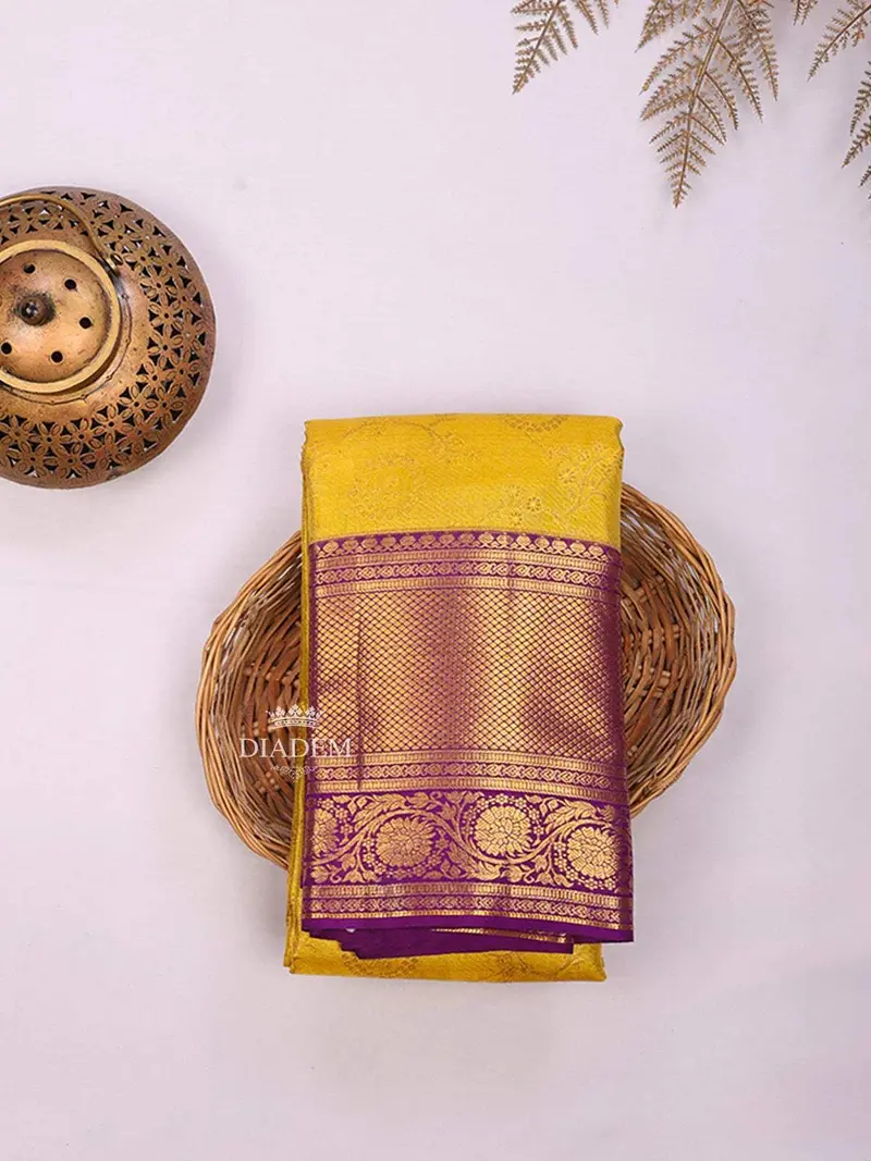 Yellow Pure Kanchipuram Bridal Silk Saree With Floral Motif On The Body And Contrast Zari Border 1