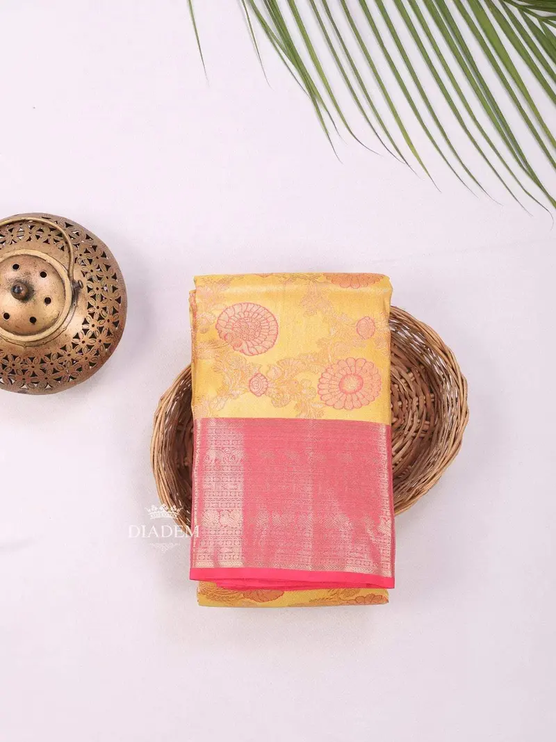 Yellow Pure Kanchipuram Bridal Silk Saree With Floral Motif On The Body And Contrast Zari Border 1