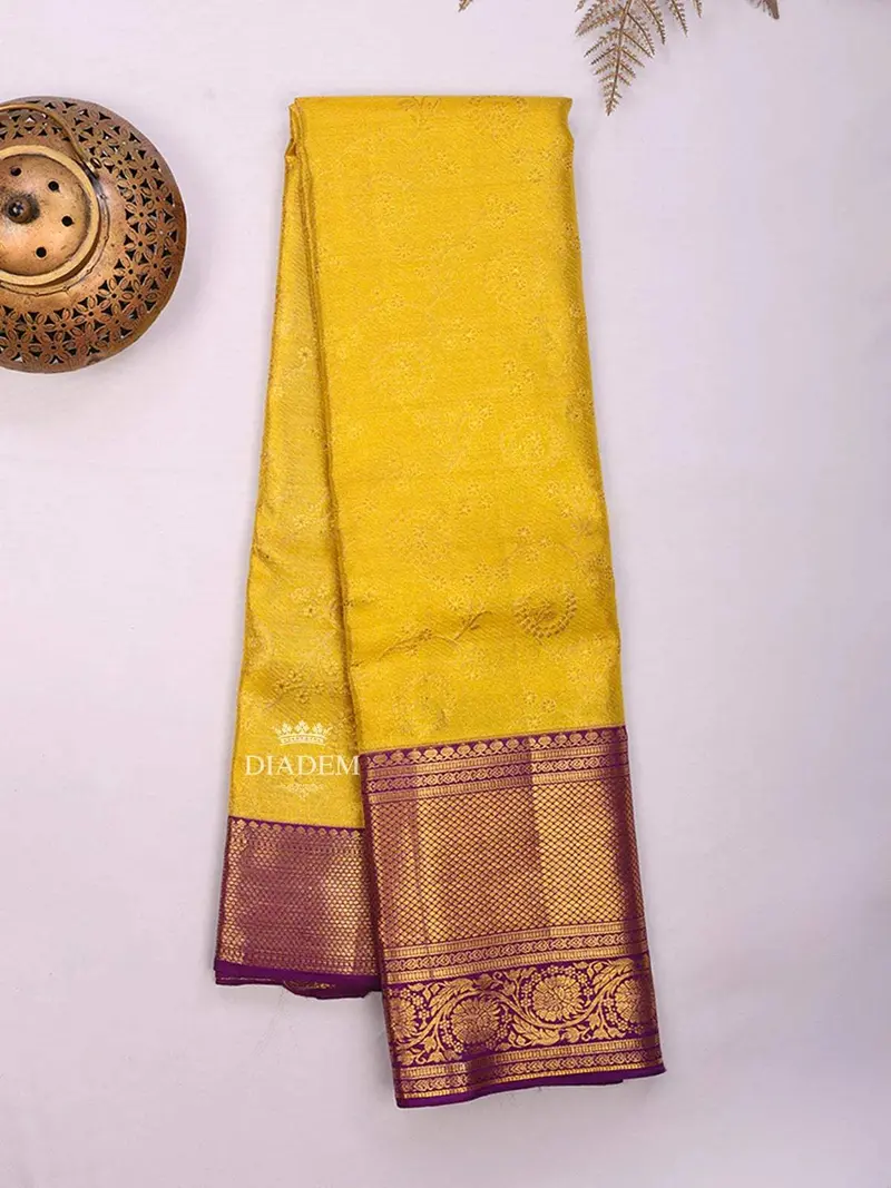 Yellow Pure Kanchipuram Bridal Silk Saree With Floral Motif On The Body And Contrast Zari Border 2
