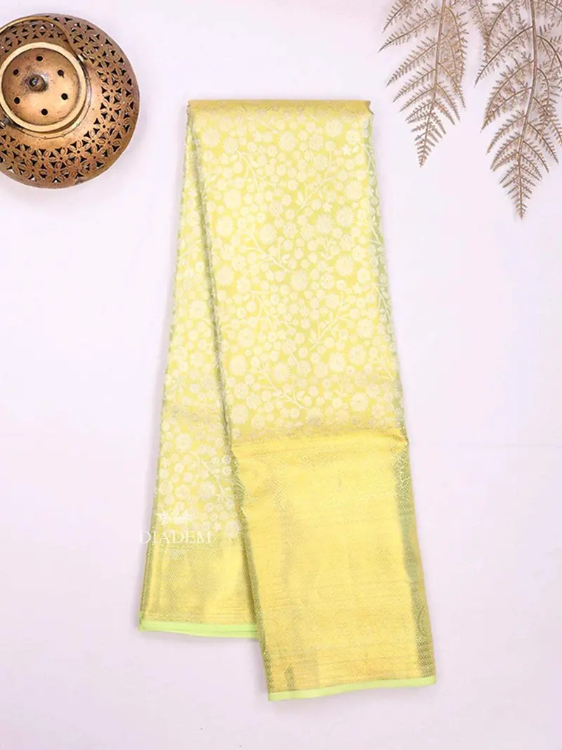 Yellow Pure Kanchipuram Bridal Silk Saree With Floral Motif On The Body And Contrast Zari Border 2