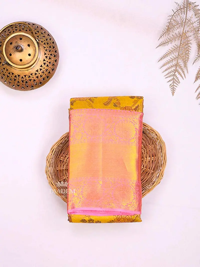 Yellow Pure Kanchipuram Bridal Silk Saree With Floral Motif On The Body And Zari Border 1