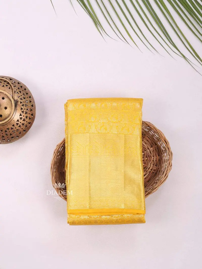 Yellow Pure Kanchipuram Bridal Silk Saree With Floral Motif On The Body And Zari Border 1