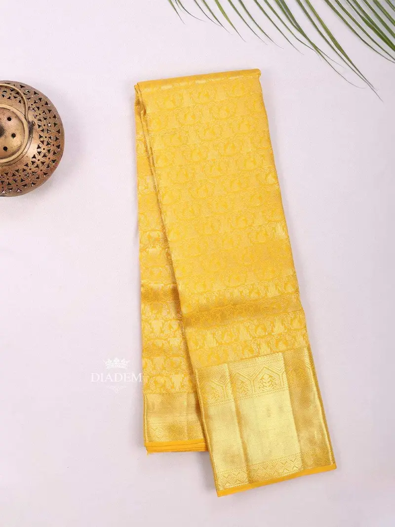 Yellow Pure Kanchipuram Bridal Silk Saree With Floral Motif On The Body And Zari Border 2