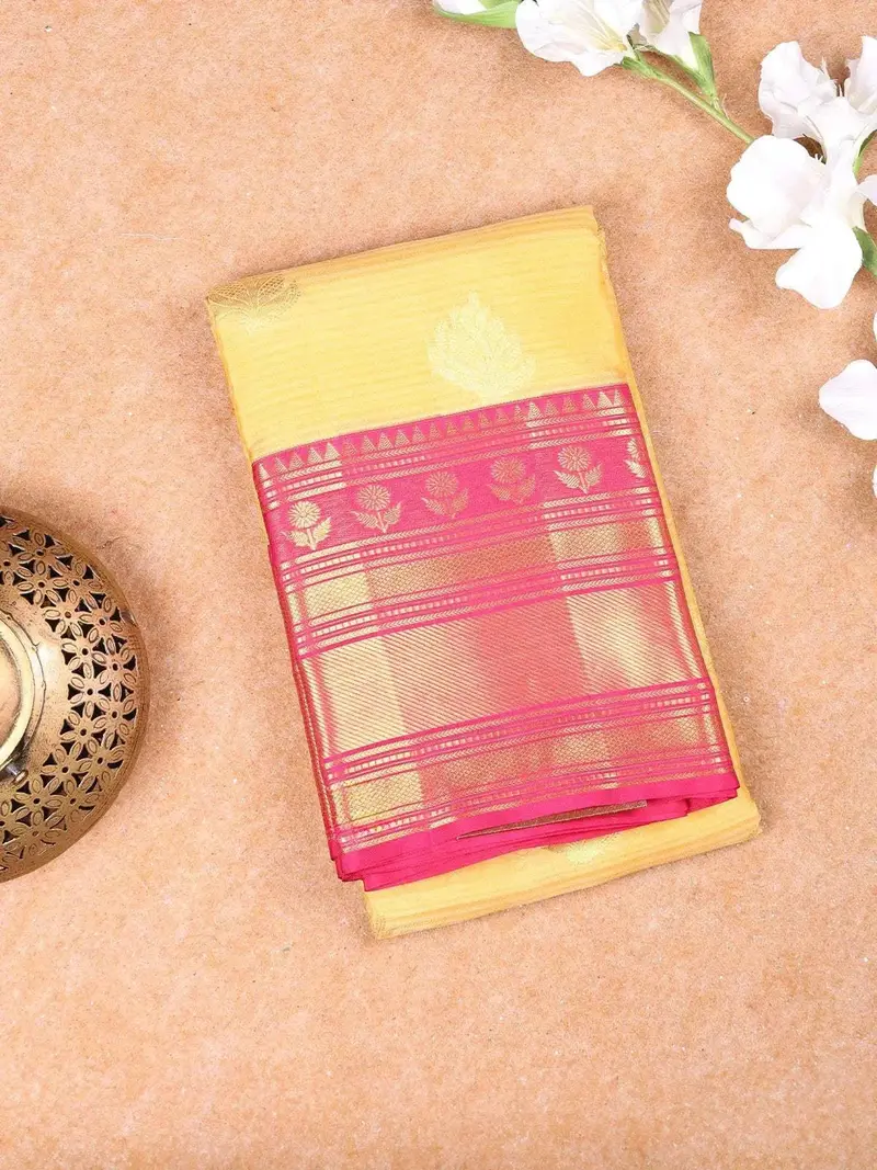 Yellow Pure Kanchipuram Bridal Silk Saree With Floral Motif On The Body With Contrast Border 1