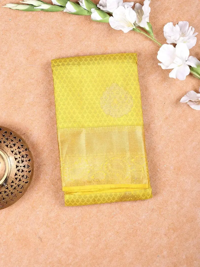 Yellow Pure Kanchipuram Bridal Silk Saree With Floral Motif On The Body With Zari Border 1