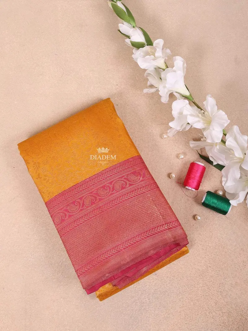 Yellow Pure Kanchipuram Bridal Silk Saree With Floral Motif On The Body With Zari Border 1