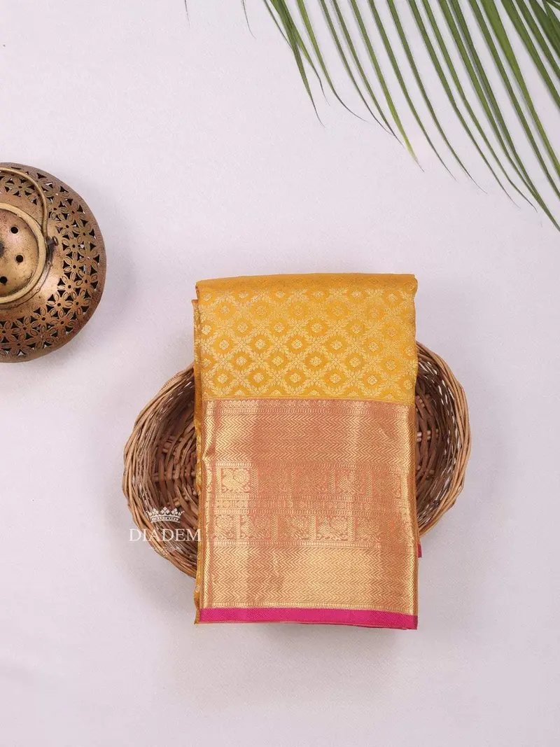 Yellow Pure Kanchipuram Bridal Silk Saree With Zari Brocade On The Body And Contrast Zari Border 1