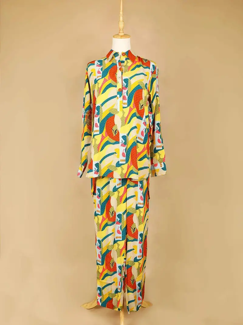 Yellow Salwar Suit Adorned With Multicolor Designs, With Collar And Full Sleeve 1