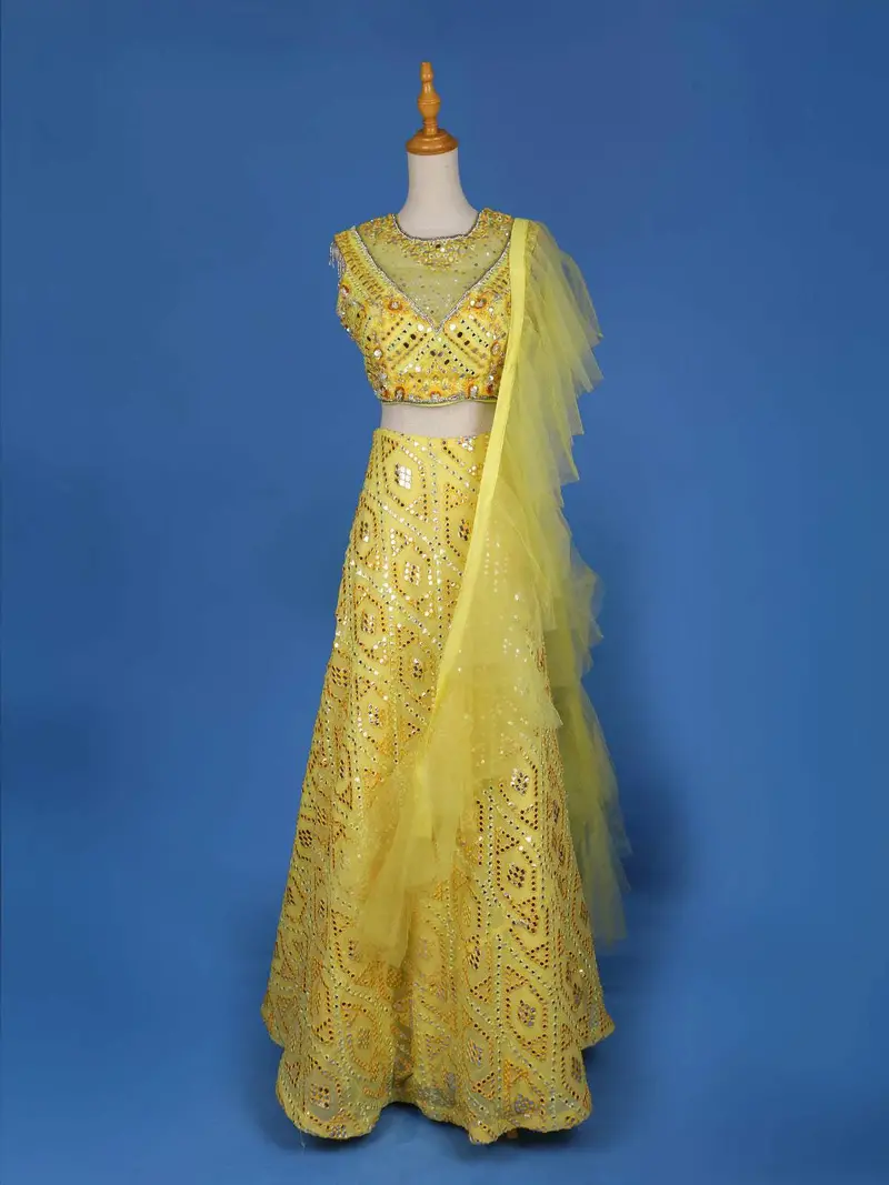 Yellow Sangeet Lehenga Adorned With Floral And Mirror Embroidery Designs, With Matching Ruffle Dupatta 1