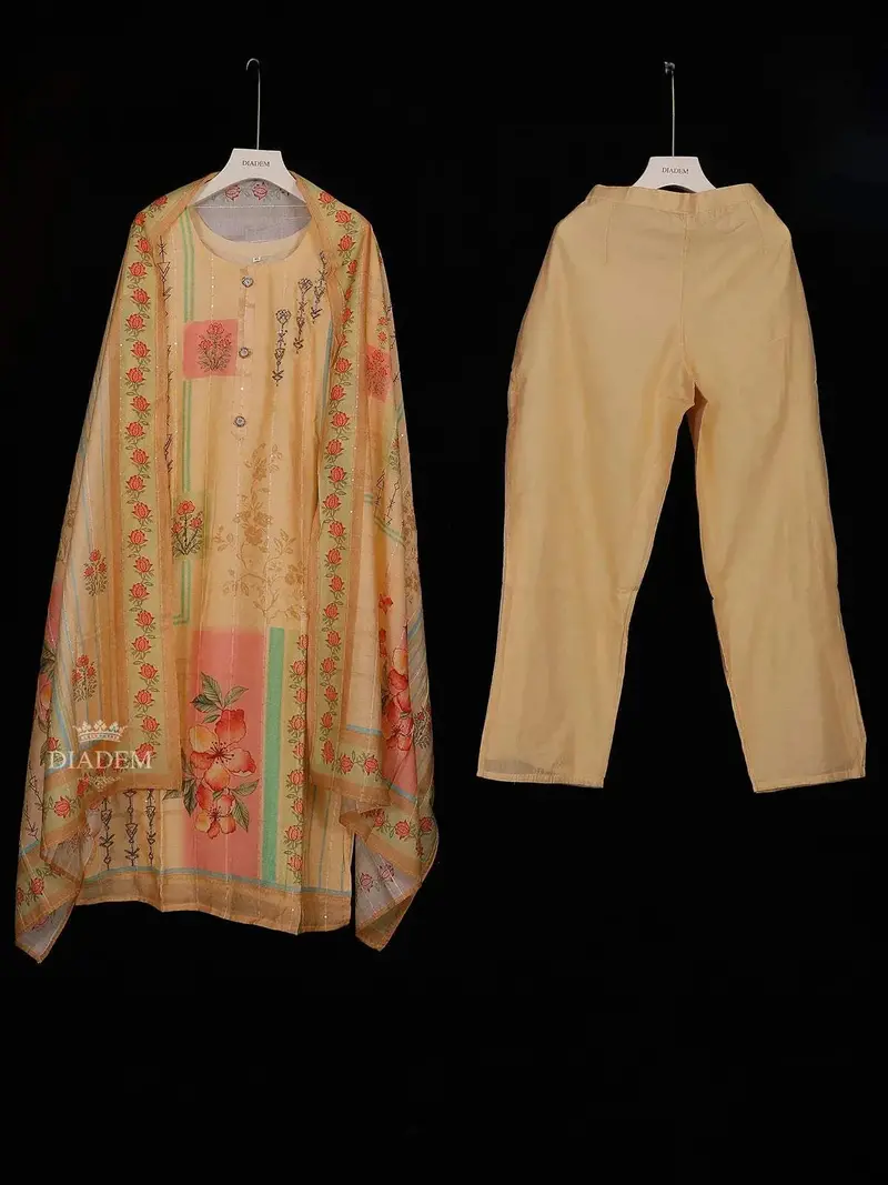 Yellow Semi Banaras Straight Cut Salwar Suits Adorned With Floral Prints And Beads, Paired With Dupatta 1