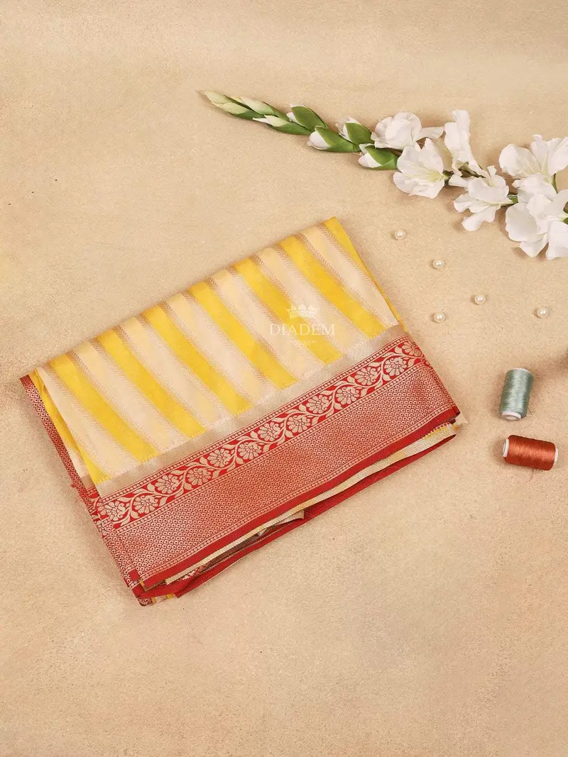 Yellow Semi Banarasi Saree With Stripes Design On The Body With Design Border 1