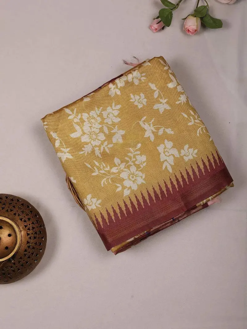 Yellow Semi Tussar Silk Saree With Flower And Leaf Design On The Body And With Border 1