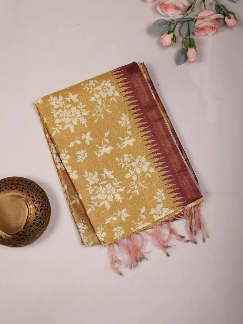 Yellow Semi Tussar Silk Saree With Flower And Leaf Design On The Body And With Border 2