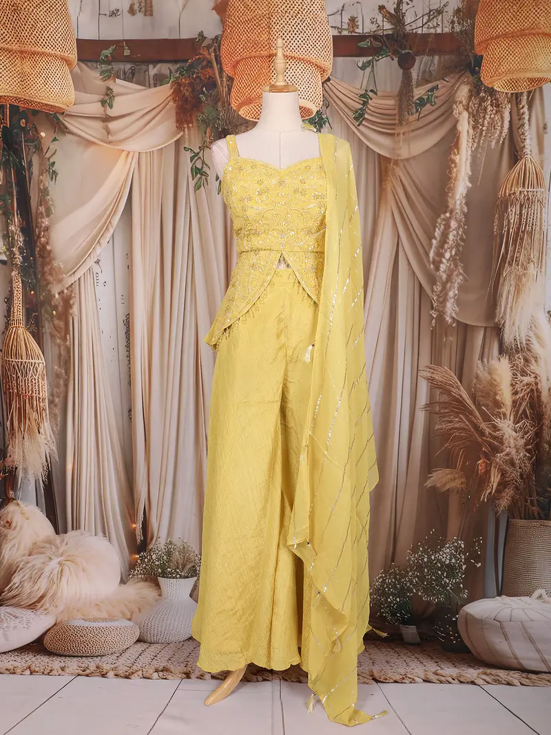 Yellow Sequin And Bead Embroidered Organza Peplum Palazzo Suit With Dupatta 1