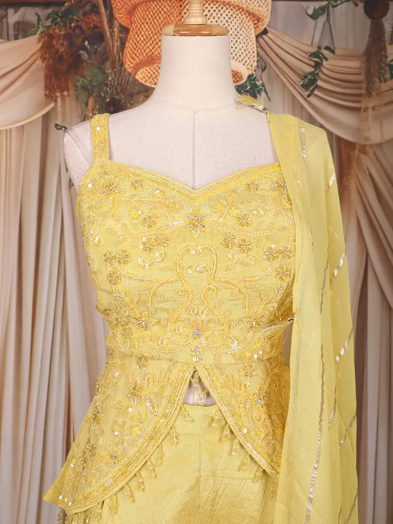 Yellow Sequin And Bead Embroidered Organza Peplum Palazzo Suit With Dupatta 2