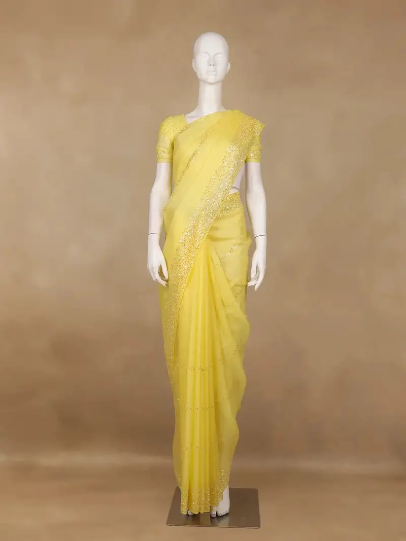 Yellow Sequin Embellishments Organza Saree 1