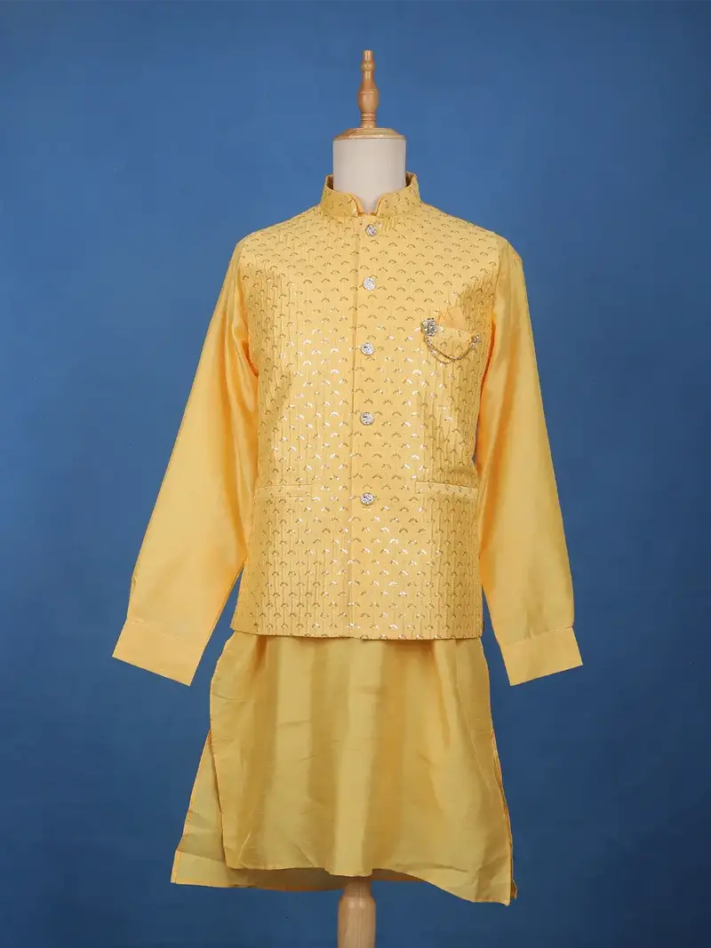 Yellow Sequin Embroidered Brocade Kurta Pyjama 1
