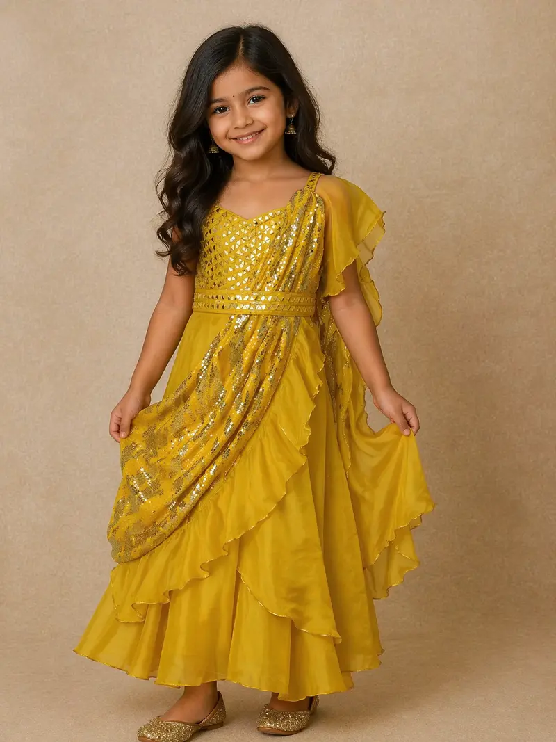 Yellow Sequins Embellished Design Georgette Ready To Wear Kids Saree 1