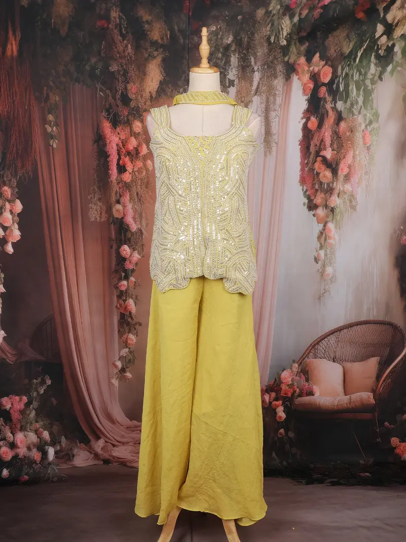 Yellow Sequins Embellished Georgette Palazzo Suit With Dupatta 1