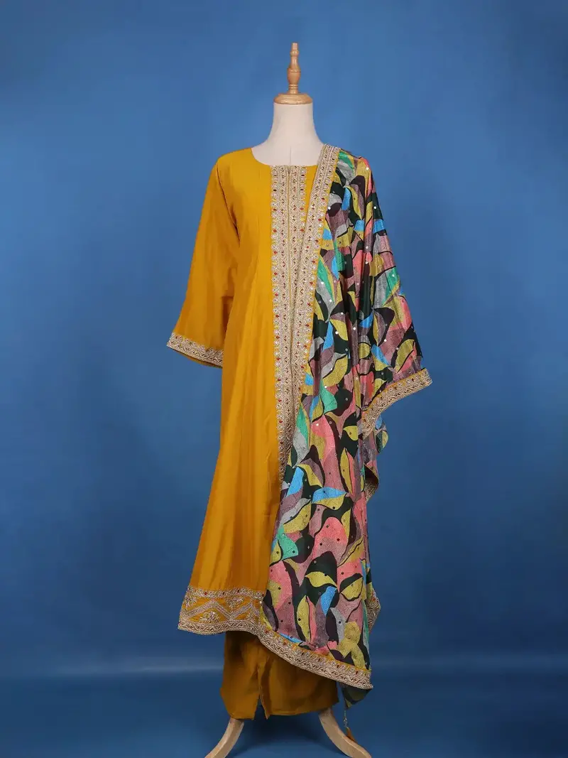 Yellow Sequins Embllishment Printed Semi Silk Salwar Suit 1
