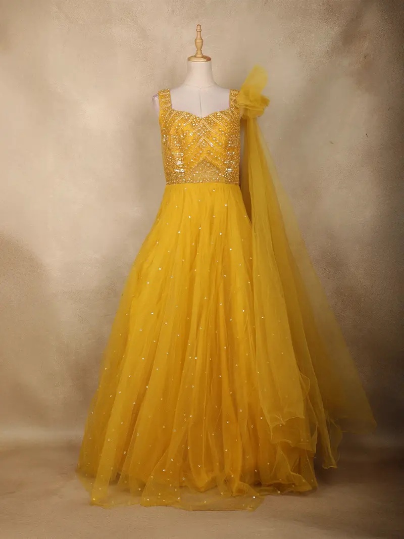 Yellow Sequins Embroidered Net Gown With One-Shoulder Dupatta 1