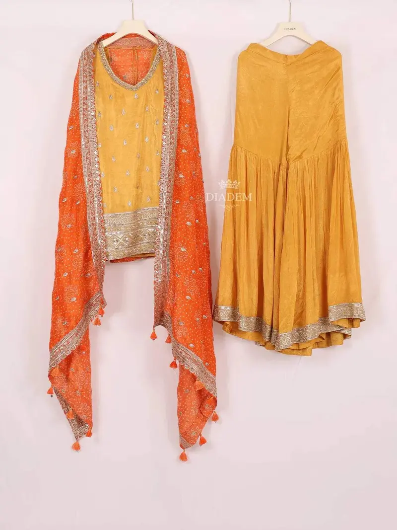 Yellow Sharara Suits Adorned With Sequins And Water Drop Design With Dupatta 1
