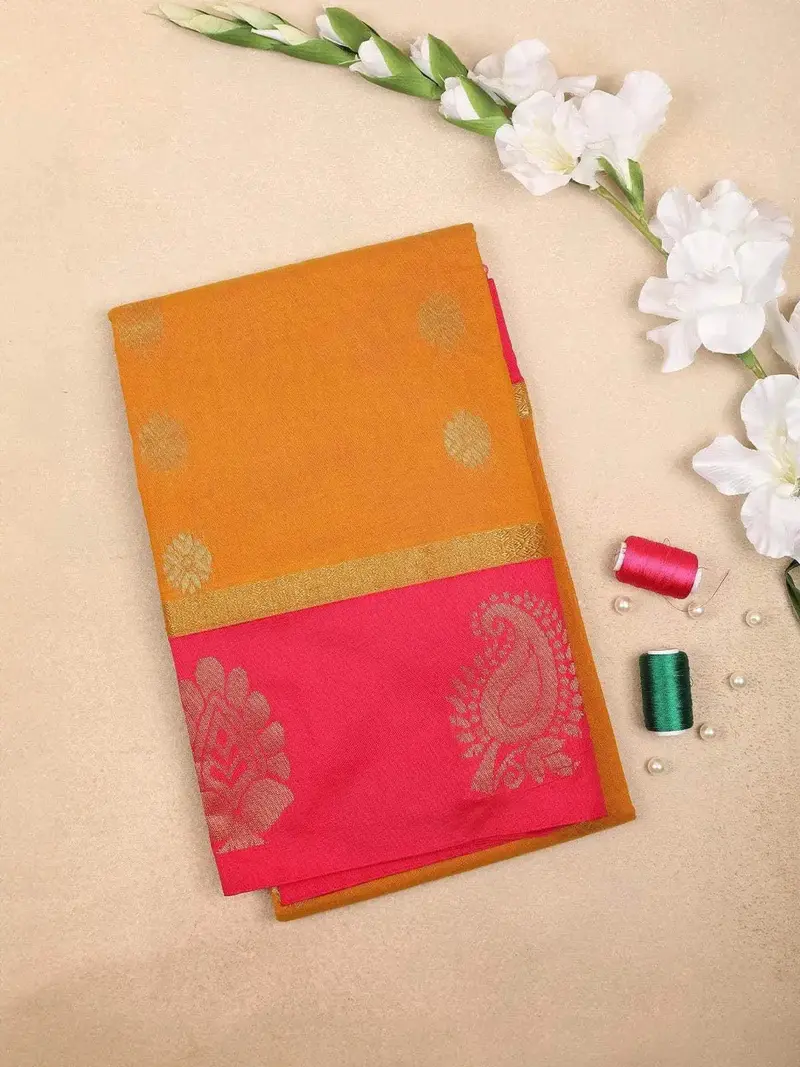 Yellow Silk Cotton Saree With Floral Motif Design On The Body And Contrast Pink Zari Border 1