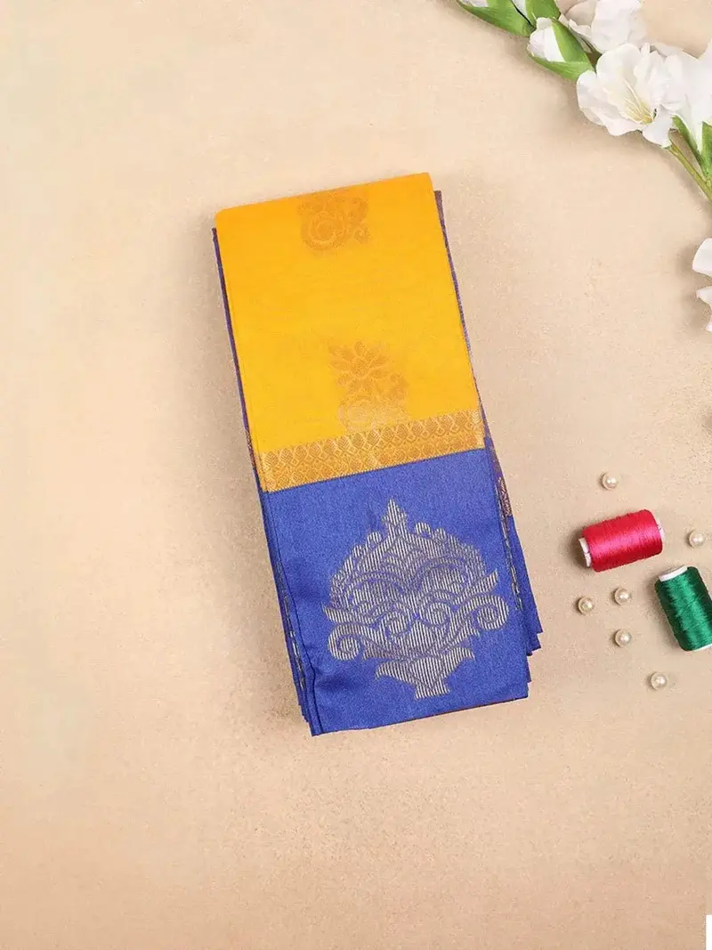 Yellow Silk Cotton Saree With Lotus Motifs On The Body With Contrast Border 1
