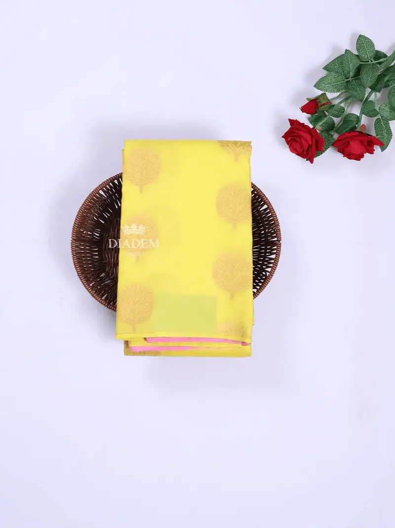 Yellow Silk Saree With Tree Motif On The Body And Without Border 1