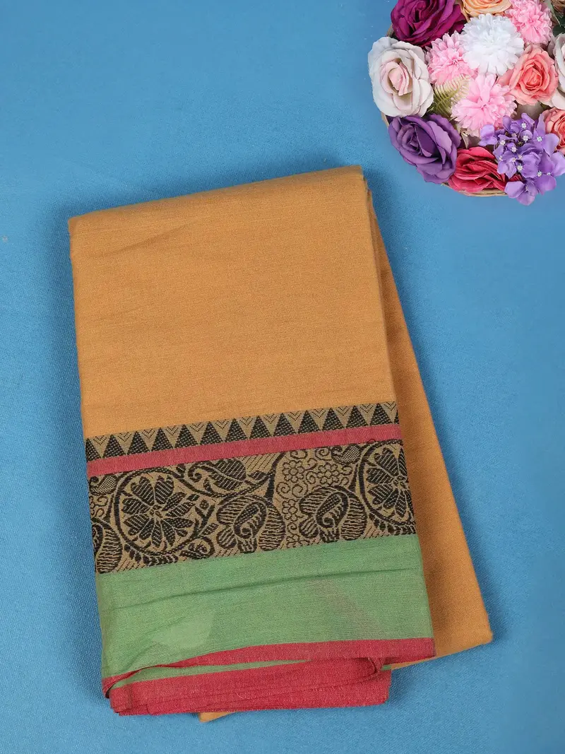Yellow Solid Cotton Saree With Contrast Green Border 1