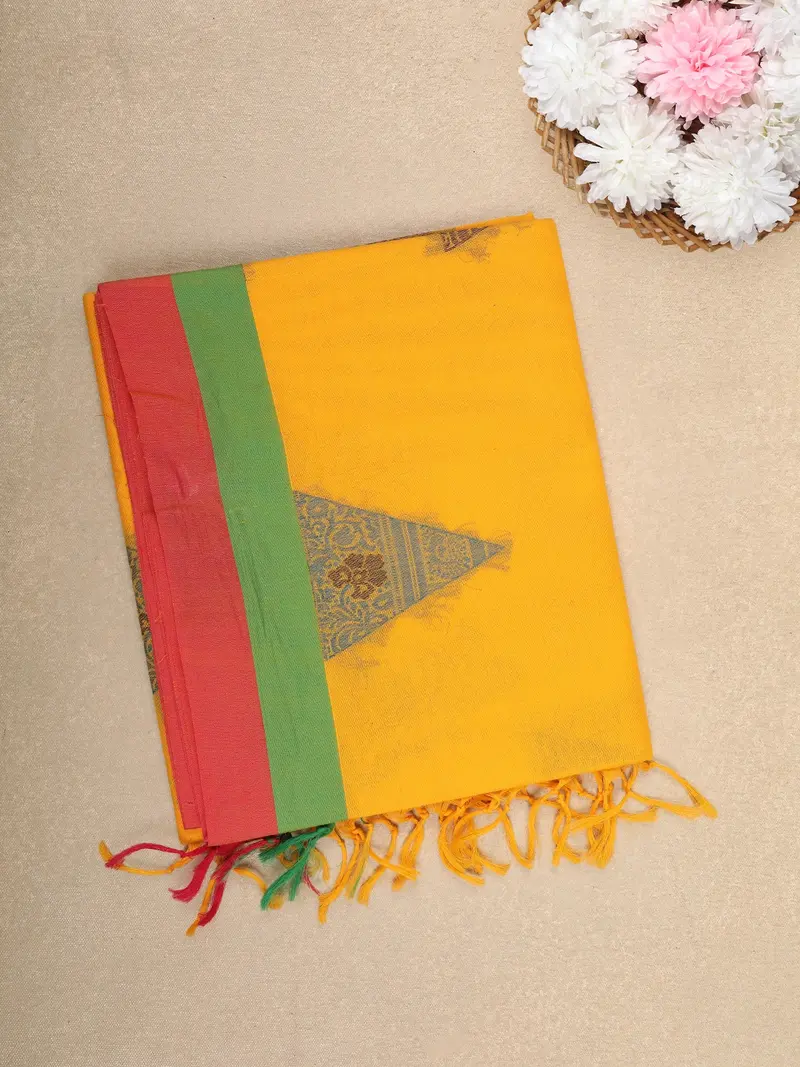 Yellow Solid Design Cotton Saree With Green And Pink Border 1