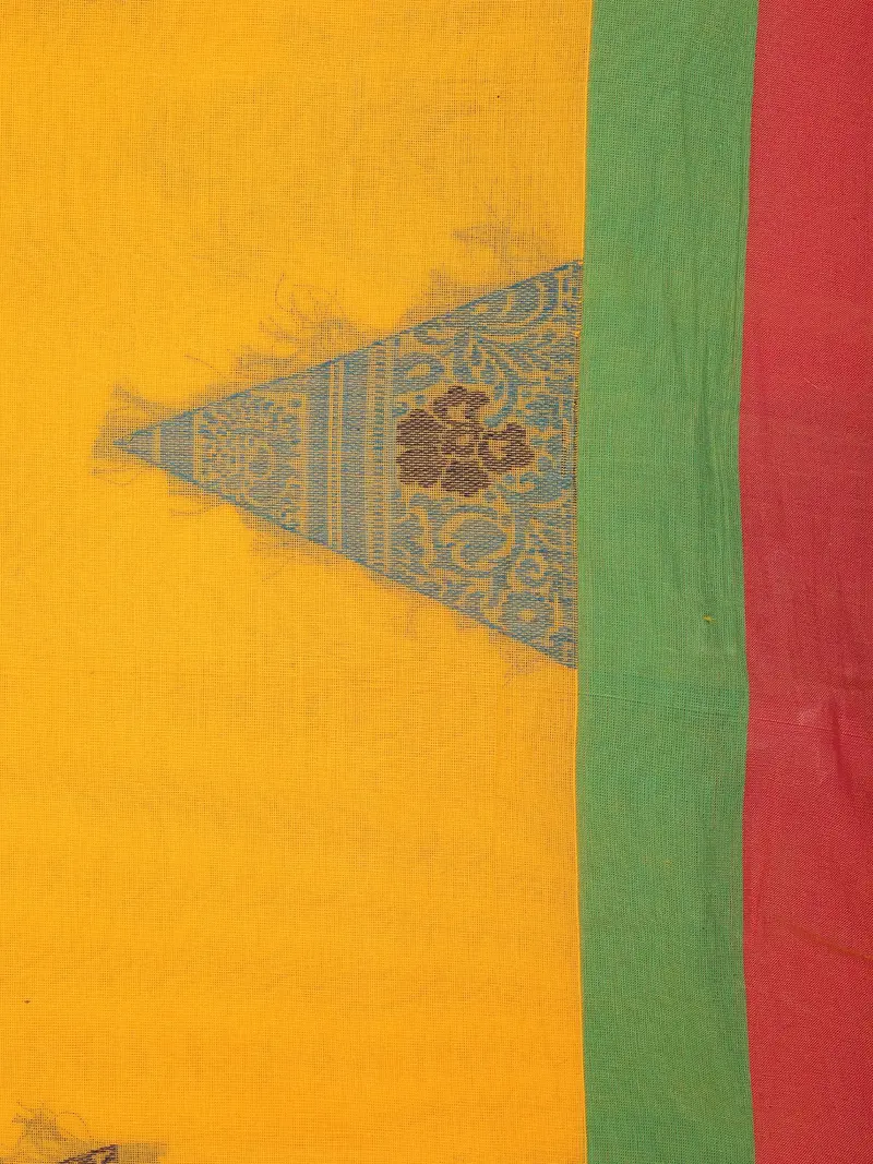 Yellow Solid Design Cotton Saree With Green And Pink Border 2