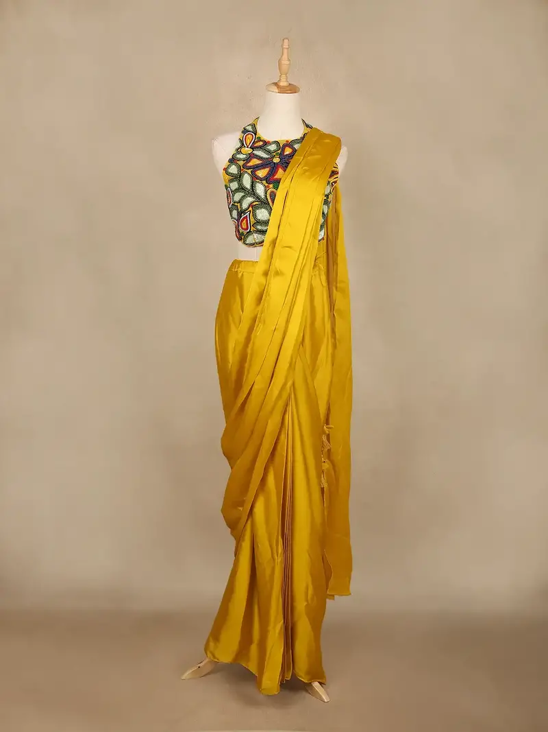 Yellow Solid Design Georgette Ready To Wear Saree With Beads Embellished Blouse 1